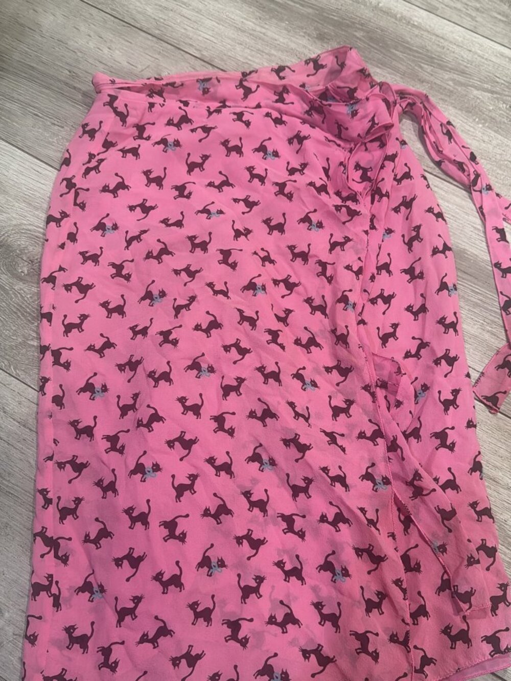 Vintage Cacharel Pink Black Silk Cat Print Wrap Skirt Size S